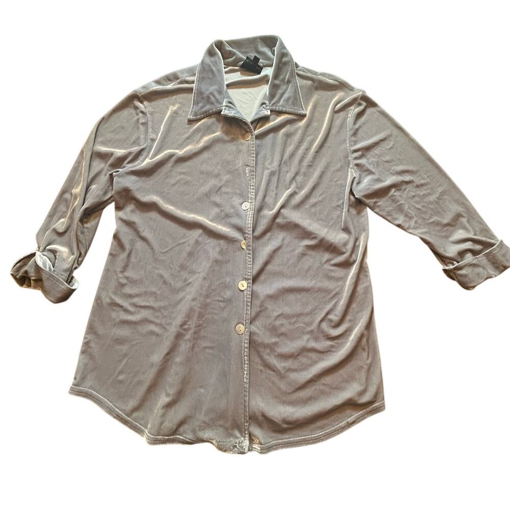 Vintage Velour Velvet Stretch Button Up Shirt Silver Grey S